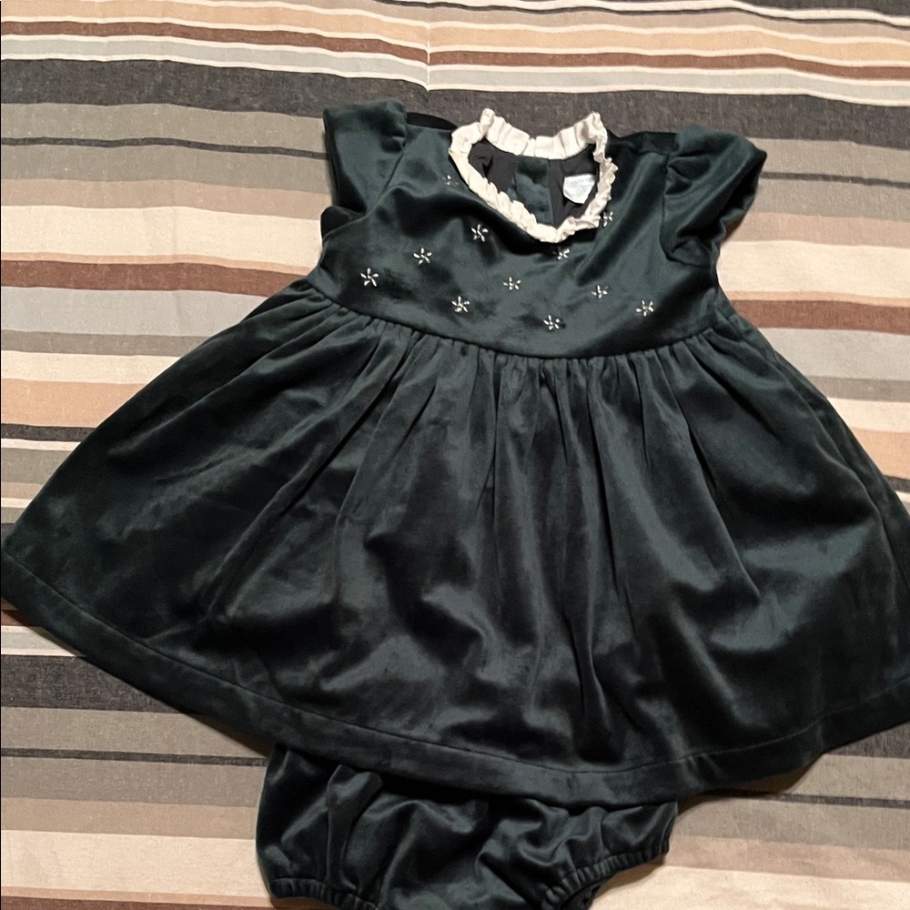 Edgehill Collection Elegant Dark Green Baby Dress with Bloomers, Size 9 mos